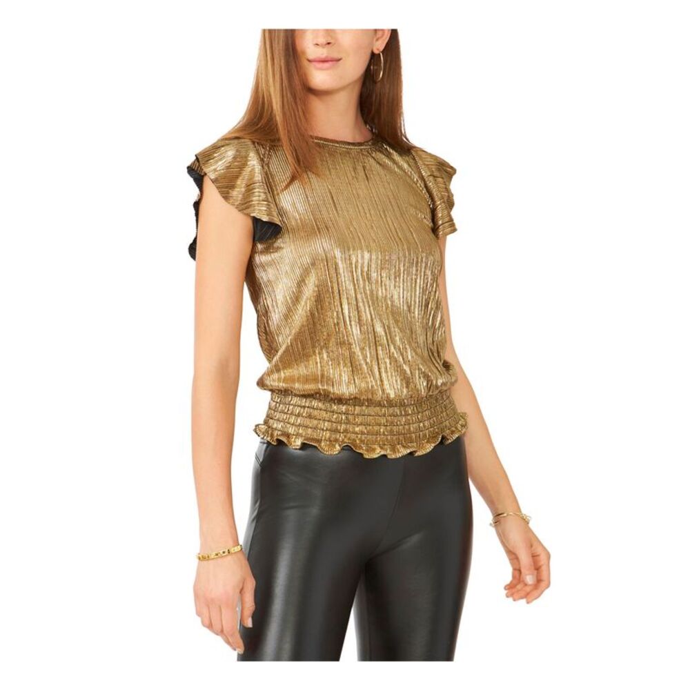 28TH & PARK Womens Top Ribbed Flutter Sleeve Jewel Neck Party Smocked Hem